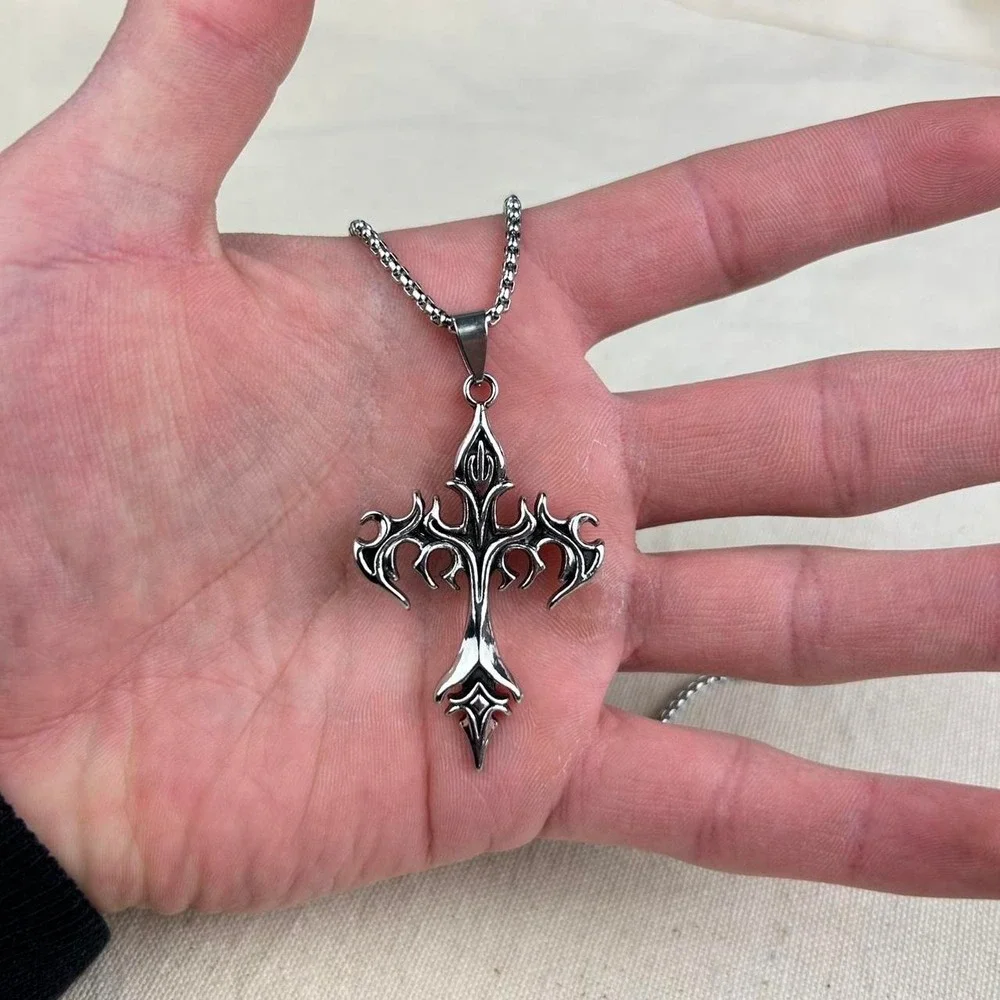 Vintage Y2K silver cross opium cyber punk style necklace emo goth
